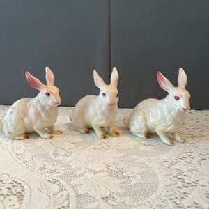 THREE Elegant Ceramic Rabbit Trio Vintage Lefton Bisque Porcelain Figurines.